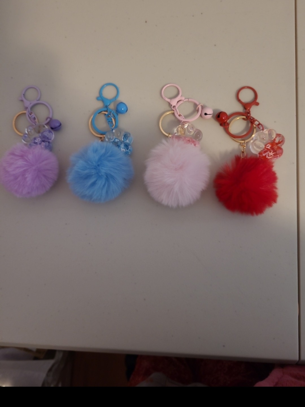 Fuzzy Pom Pom Paw Print Keychain Charms - Purple, Blue, Pink, Red